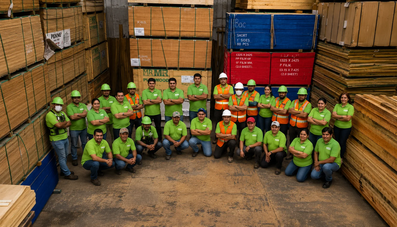 Equipo de Grupo Bajce reunido en un almacén de madera y tableros