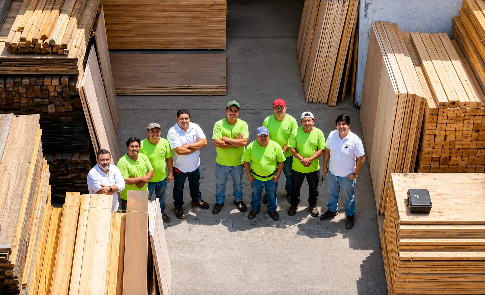 Colaboradores de Grupo Bajce rodeados de madera y tableros